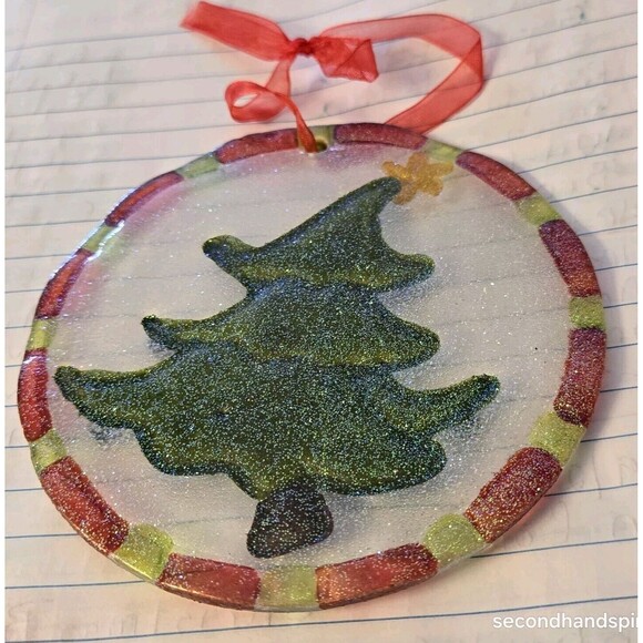 Christmas Tree Ornament Round Glass Fused With Glass Beads. - Picture 1 of 3